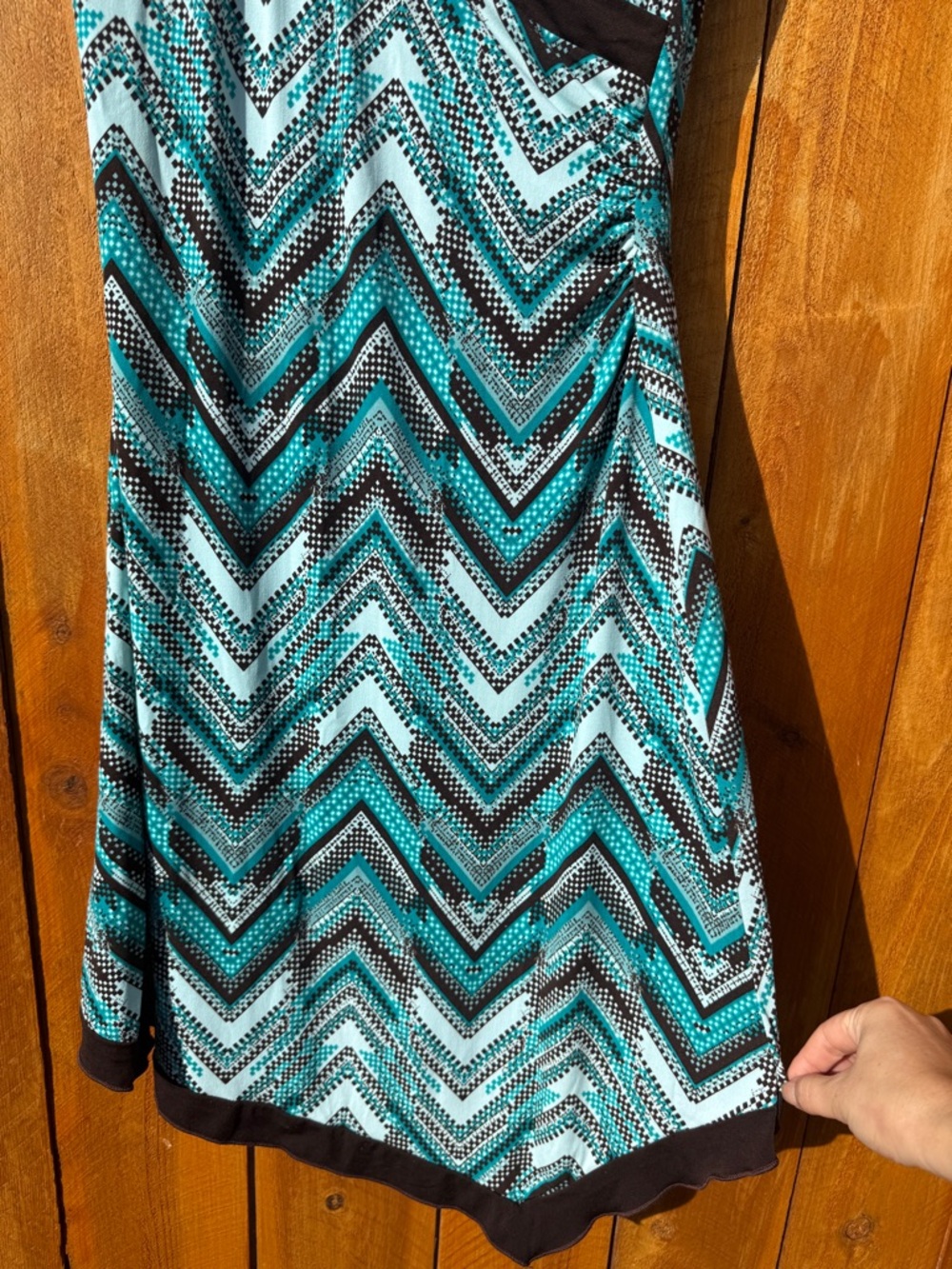 La Belle Turquoise Chevron Faux Wrap Asymmetrical Dress with Brown Trim - Large - Picture 11 of 13
